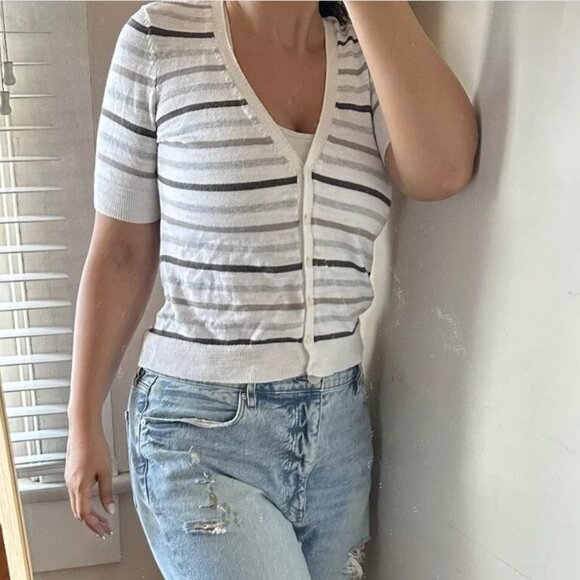 Caslon Striped Button Up V-Neck 100% White Cotton Knit Tee rn58665 - Picture 4 of 9